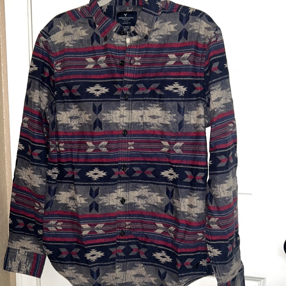 Aeo Gray/Navy Pattern Button Down - image 1